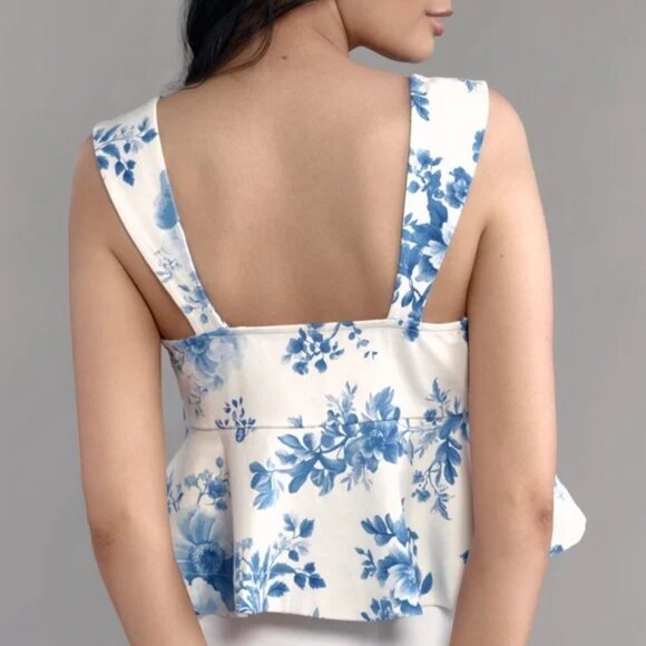 Maeve Square Neck Peplum Floral Crop Top in White and Blue Floral XS NWT - Picture 2 of 11